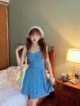 DS016Retro girl blue lace up floral suspender dress, women's waist cinching slimming A-line vacation style short skirt