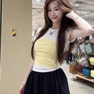 535026【 40 pieces of pure cotton 1.1 】 Pure desire spicy girl color blocking splicing summer short sleeved t-shirt for women