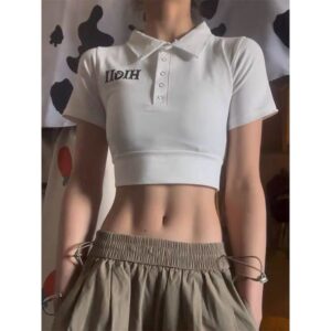 531046(40 anti cotton thread) polo collar short sleeved shoulder T-shirt for women, slim fit and slimming short style spicy girl top for summer