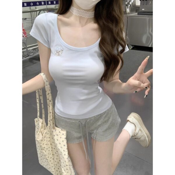 148017【 Cotton 270g 】 Pure Desire Wind Round Neck Front and Rear Hollow Kitty Cat Short sleeved T-shirt Women's Summer Sweet and Spicy Shoulder Top