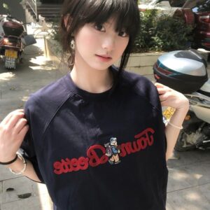 MML6820Original embroidery [220g pure cotton+large size+threaded collar+wrapped shoulder] round neck short sleeved women's