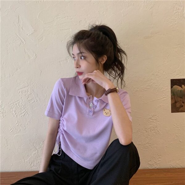 5332602025 Korean Bear Short sleeved T-shirt Women's New Summer Design Sense Short Drawstring Polo Collar