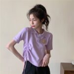 5332602025 Korean Bear Short sleeved T-shirt Women's New Summer Design Sense Short Drawstring Polo Collar