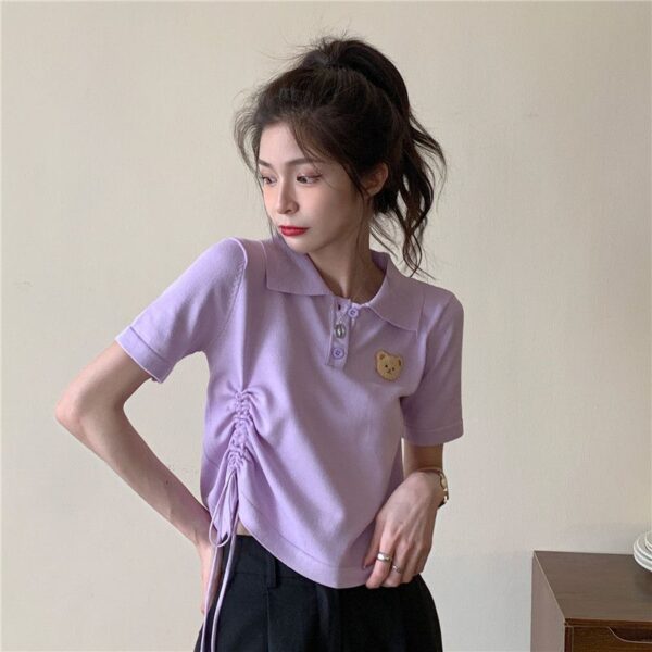 5332602025 Korean Bear Short sleeved T-shirt Women's New Summer Design Sense Short Drawstring Polo Collar