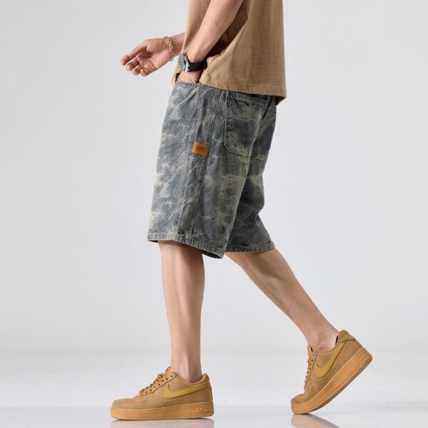 1311# Camouflage denim shorts for men, elastic waist, loose fit, summer thin design