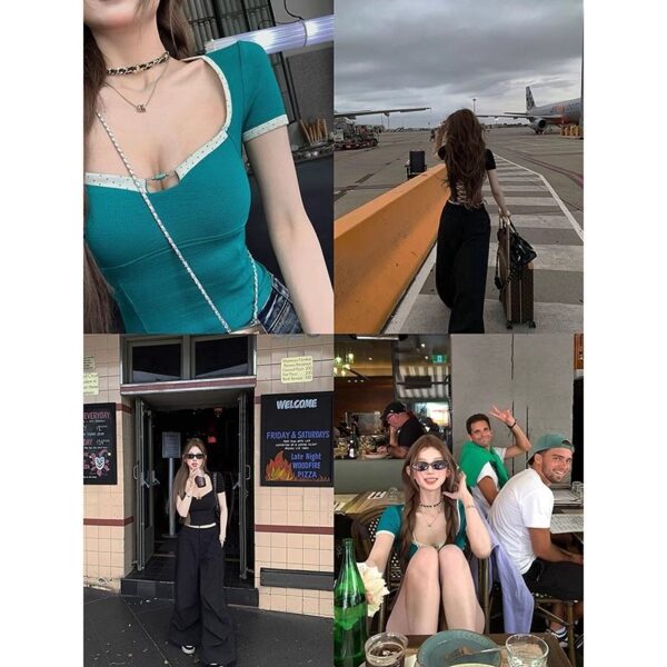 148011Tongiuu style sweet and spicy design, spicy girl knitted short sleeved T-shirt, women's waist cinched slimming top, spring