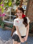 208542025 (100% cotton) 21 count 210g pure cotton embroidered bow short sleeved T-shirt for women loose fit