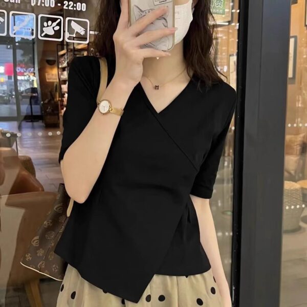 202492025 (92 cotton/8 spandex) 40 count 210g pure cotton irregular shoulder short sleeved T-shirt for women