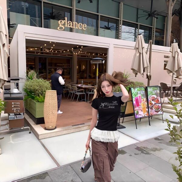 148014【 Cotton 270g 】 Black lace patchwork fake two shoulder short sleeved T-shirt for women's summer contrasting slim fit top