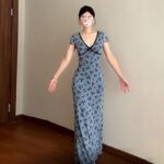 DS239Tea break French blue floral dress, children's summer 2025 new design, V-neck, waist bag, buttocks long skirt
