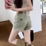 H4981Yellow mud denim shorts, female spicy girl, ins style, height, waist, A-line bag, hip pocket, zipper, elastic straight leg hot pants