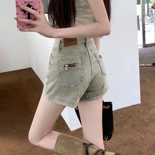 H4981Yellow mud denim shorts, female spicy girl, ins style, height, waist, A-line bag, hip pocket, zipper, elastic straight leg hot pants