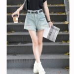 G5207Retro high waisted denim shorts for women's summer 2024 new design, slim and wide leg A-line hot pants