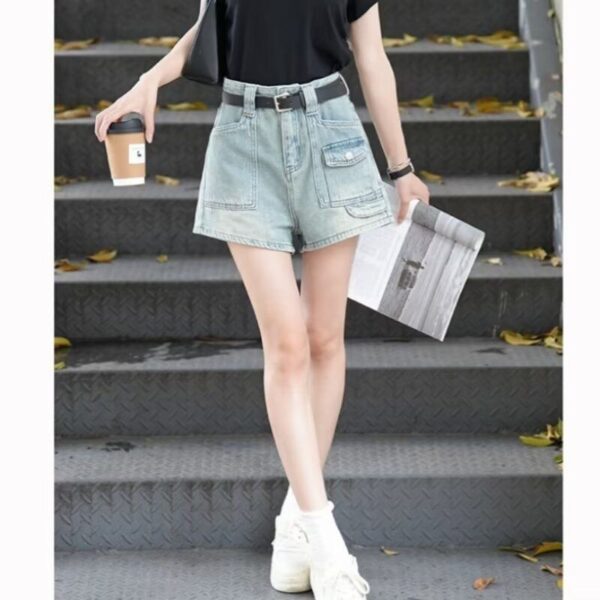 G5207Retro high waisted denim shorts for women's summer 2024 new design, slim and wide leg A-line hot pants