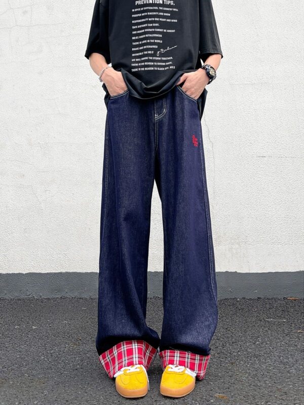 F13330  Retro plaid patchwork design, jeans for women in spring and autumn, loose fit, niche, high street, narrow version, straight leg, wide leg
