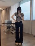 F13482  Black design micro flared jeans for women in autumn, high waist slimming and stretch flared pants that cover the hips
