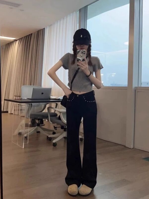 F13482  Black design micro flared jeans for women in autumn, high waist slimming and stretch flared pants that cover the hips
