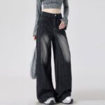H2503-1Floor length wide leg black gray plus size jeans with women's patchwork design, high waist to cover hips, fat mm, loose hanging feeling, straight tube length