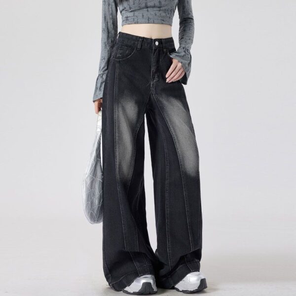 H2503-1Floor length wide leg black gray plus size jeans with women's patchwork design, high waist to cover hips, fat mm, loose hanging feeling, straight tube length