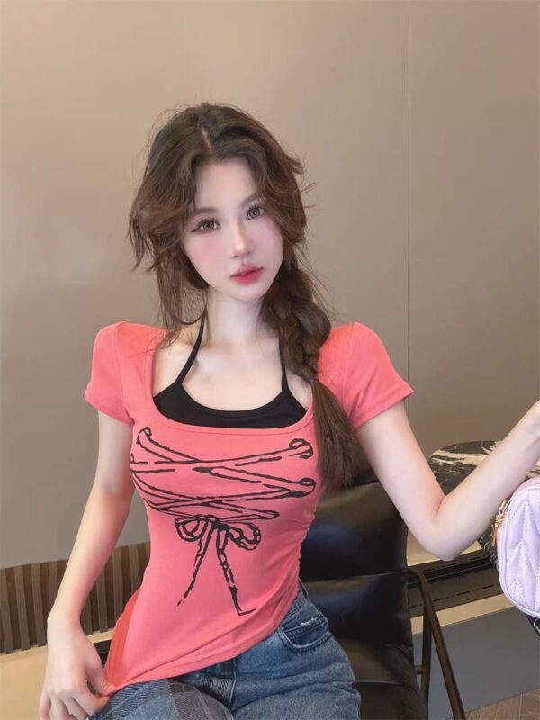 148037Retro spicy girl fun strap printed short sleeved T-shirt for women with irregular chest cushion, fake two pieces hanging on the neck