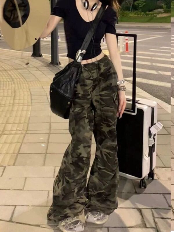 M771-2High street wide leg camouflage workwear jeans for women's spring and summer new style drawstring loose slimming straight leg casual pants