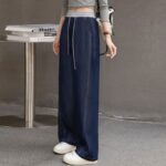 H01-1Lace up elastic curved knife pants for women, thick in size, high waist and wide leg jeans, with a hanging feeling, long pants for floor dragging, straight leg pants