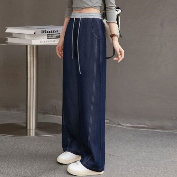 H01-1Lace up elastic curved knife pants for women, thick in size, high waist and wide leg jeans, with a hanging feeling, long pants for floor dragging, straight leg pants