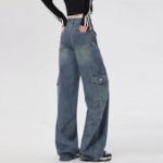 H2509-1Retro work pants women's American straight leg multi pocket design, loose plus size high waist fat mm wide leg denim pants