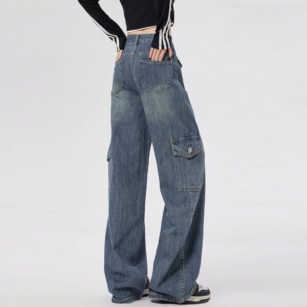 H2509-1Retro work pants women's American straight leg multi pocket design, loose plus size high waist fat mm wide leg denim pants