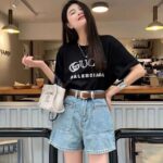M696-6High waisted denim shorts for women in the summer of 2025, thin, chubby, and slim, covering the belly. Short stature, A-line, wide legs, hot in the summer