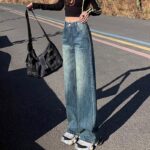 H120Jeans, women's blue, spring and summer, high waist, slimming, plus size design, leather brand, fat MM, loose straight tube, wide legs, long