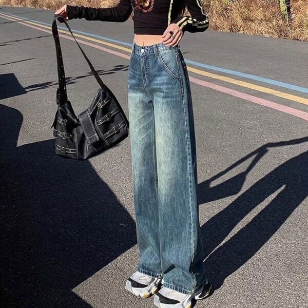 H120Jeans, women's blue, spring and summer, high waist, slimming, plus size design, leather brand, fat MM, loose straight tube, wide legs, long