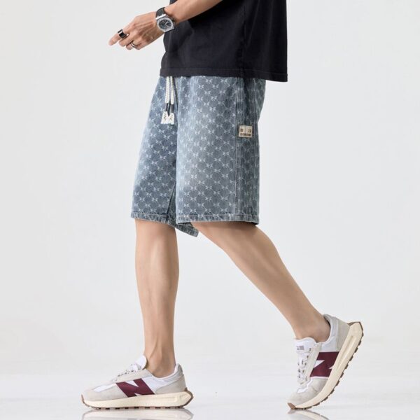 1312# Butterfly patterned denim shorts for men, elastic waist, summer thin design
