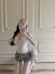 539056260g cotton pure desire wind V-neck short sleeved shoulder T-shirt for women's summer sexy tight fitting slimming short top