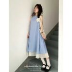 DS261Striped texture fake two piece dress for women's summer new style, loose and slimming, with a hanging and elegant temperament, long skirt