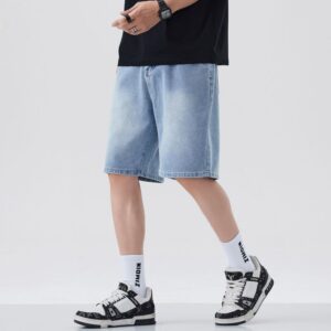 1315#  Light blue starry sky pattern denim shorts, loose straight leg 5-point pants
