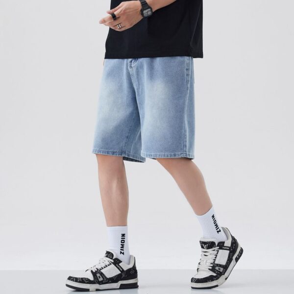 1315#  Light blue starry sky pattern denim shorts, loose straight leg 5-point pants