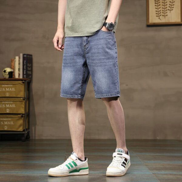 2505#  New men's denim shorts for summer 2025, trendy for teenagers, loose straight leg, five part printed elastic versatile mid length pants