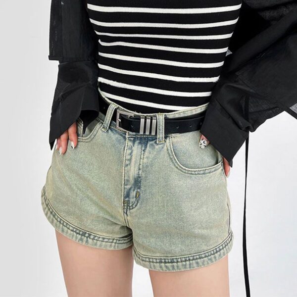 H4981-1Design Zipper Pocket Denim Shorts for Women, Washed Yellow Mud Spicy Girls, High Waist Straight Tube Elastic Wide Leg Hot Pants