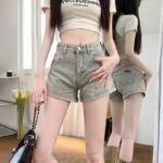 H4981Yellow mud denim shorts, female spicy girl, ins style, height, waist, A-line bag, hip pocket, zipper, elastic straight leg hot pants
