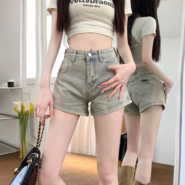 H4981Yellow mud denim shorts, female spicy girl, ins style, height, waist, A-line bag, hip pocket, zipper, elastic straight leg hot pants