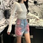 G5202Design sense, dyed denim shorts, women's summer 2024 new high waist slimming loose A-line wide leg hot pants