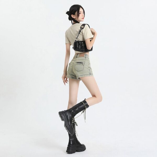 H4981-3Yellow mud denim shorts for women with high waisted ins style spicy girl straight leg pocket design, zipper elastic A-line hot pants