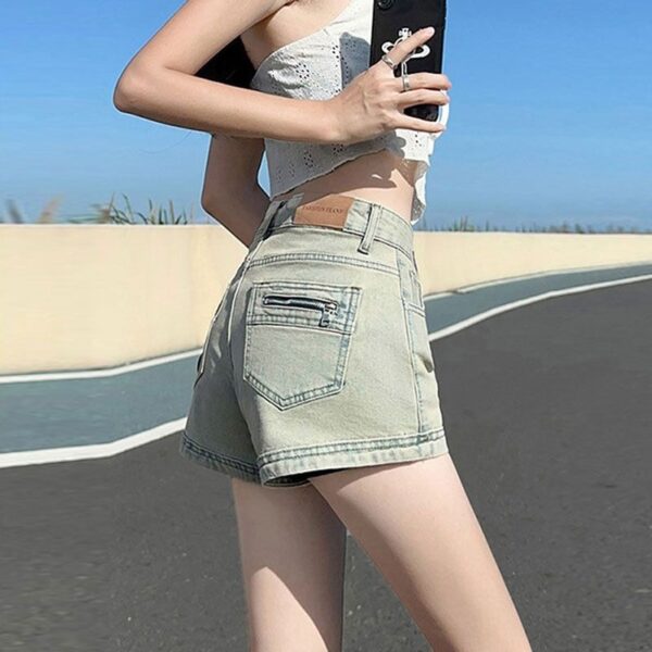 H4981-2Pocket zipper denim shorts with women's design sense, elastic high waist straight tube, A-line bag, wide hips and legs, hot pants