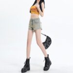 H4981-4Elastic ins spicy girl denim shorts women's design zipper pocket A-line bag buttocks summer high waist wide leg hot pants