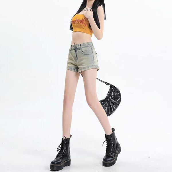 H4981-4Elastic ins spicy girl denim shorts women's design zipper pocket A-line bag buttocks summer high waist wide leg hot pants