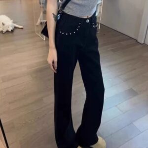 F13482  Black design micro flared jeans for women in autumn, high waist slimming and stretch flared pants that cover the hips