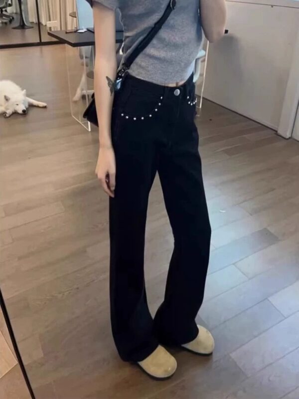 F13482  Black design micro flared jeans for women in autumn, high waist slimming and stretch flared pants that cover the hips