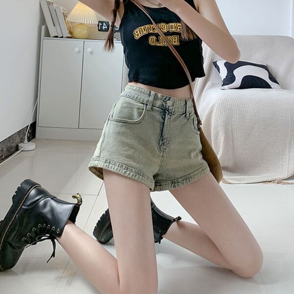 H4981-6Design Zipper Pocket Denim Shorts for Female Internet Celebrity New Hot Pants with High Waist, Straight Tube, and Elastic Wide Legs for Spicy Girls