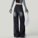 H2503-1Floor length wide leg black gray plus size jeans with women's patchwork design, high waist to cover hips, fat mm, loose hanging feeling, straight tube length